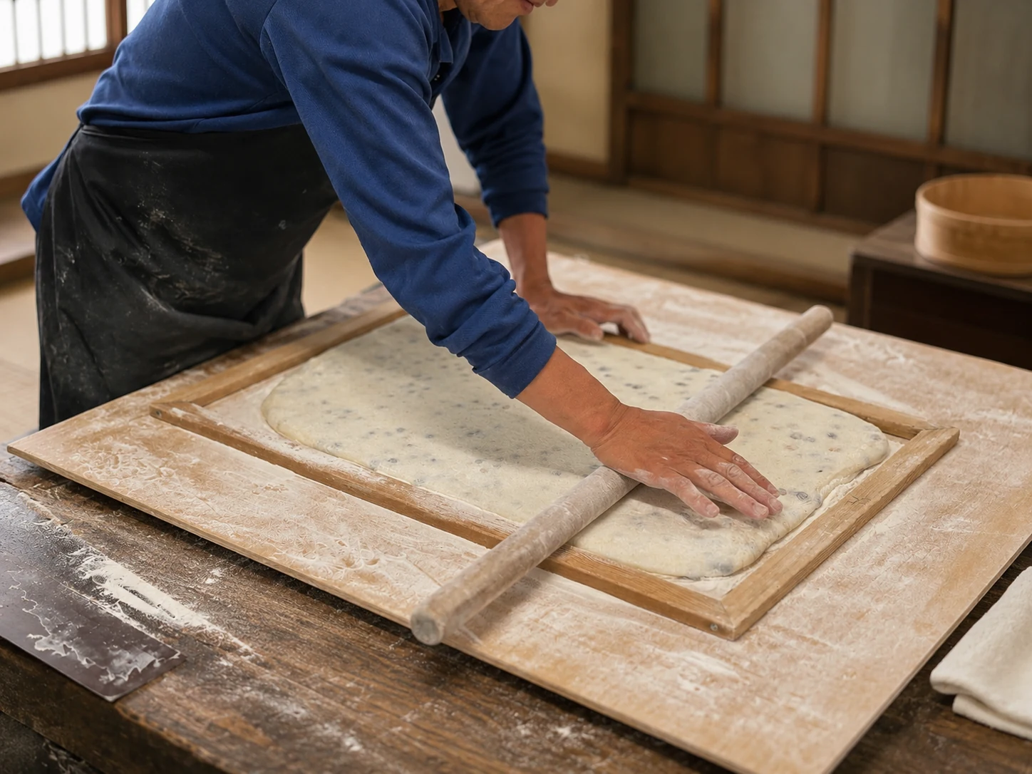 木枠を使って餅の生地をのばす作り手の手元